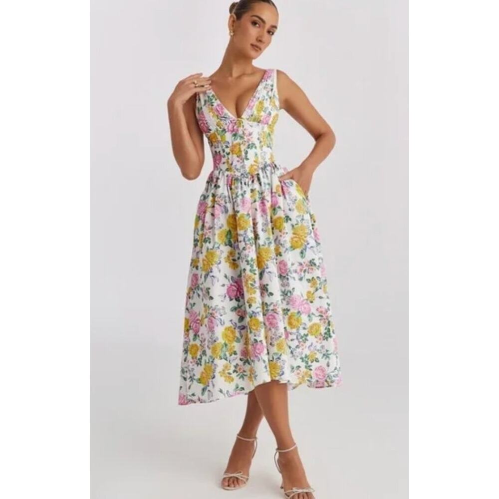 HOUSE OF CB Sz XS Plus Cup Emmelina Yellow Floral Flower Print Dress NWT